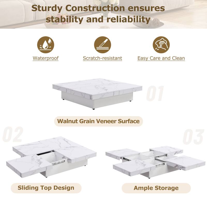 Modern Square Extendable Coffee Table with Sliding Top, Cocktail Table Center Table with 4 Hidden Storage Compartments for Home