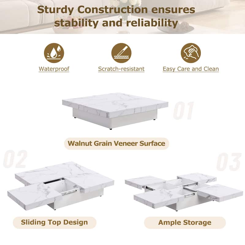 White Square Marble Veneer Coffee Table Sliding Top with Storage in White 39.4''