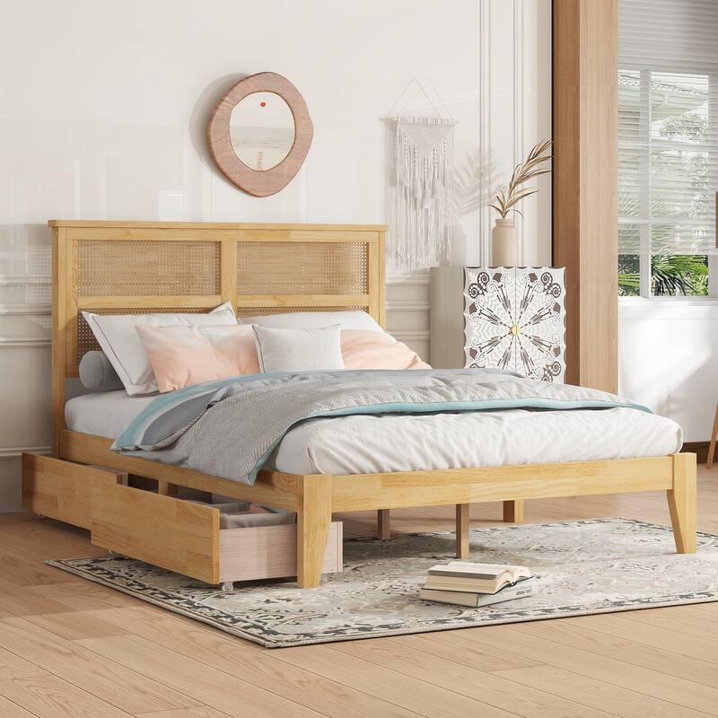 Full Size Bed with Rattan Headboard and Two Storage Drawers, White Oak Finish - White Oak