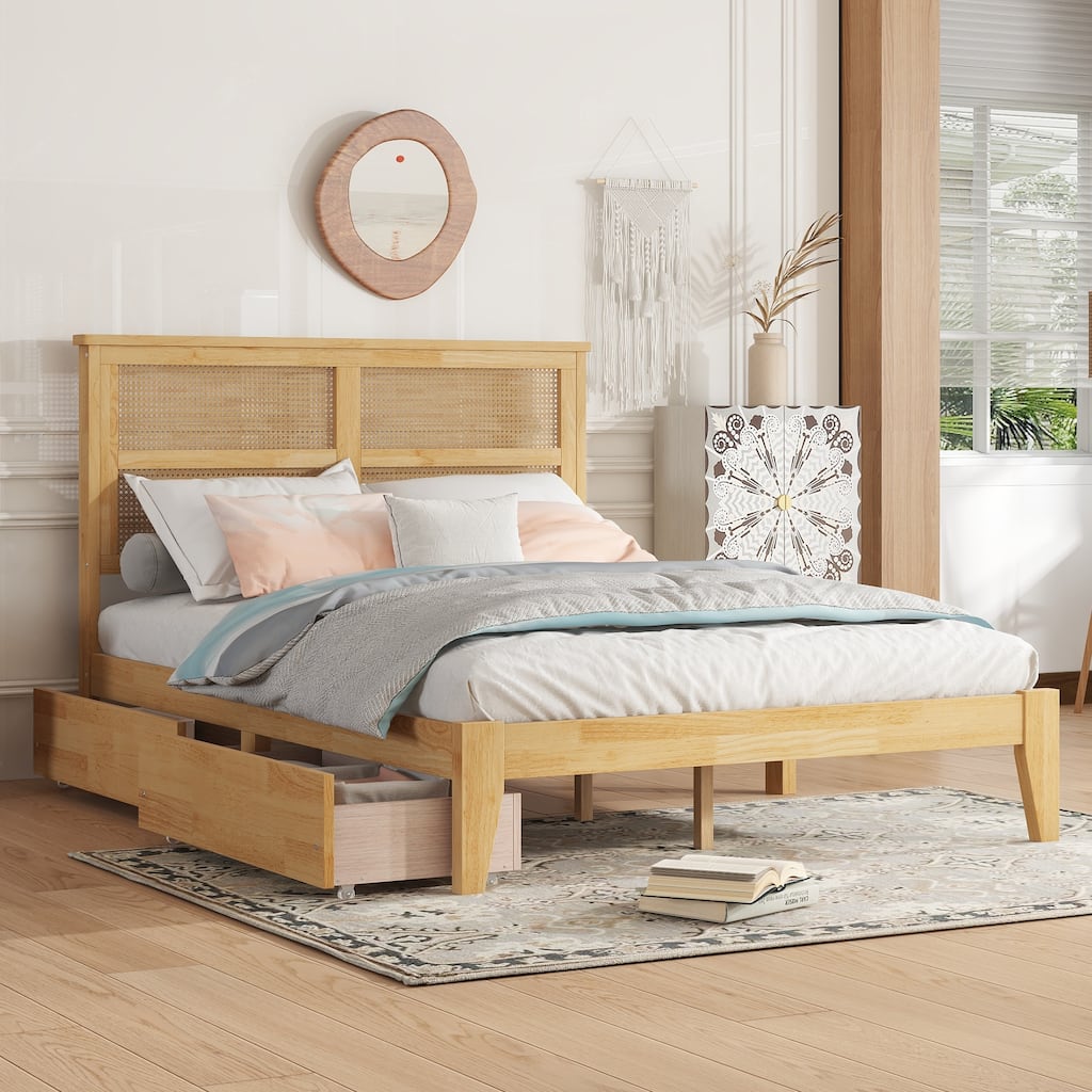 Full Size Bed with Rattan Headboard and Two Storage Drawers, White Oak Finish