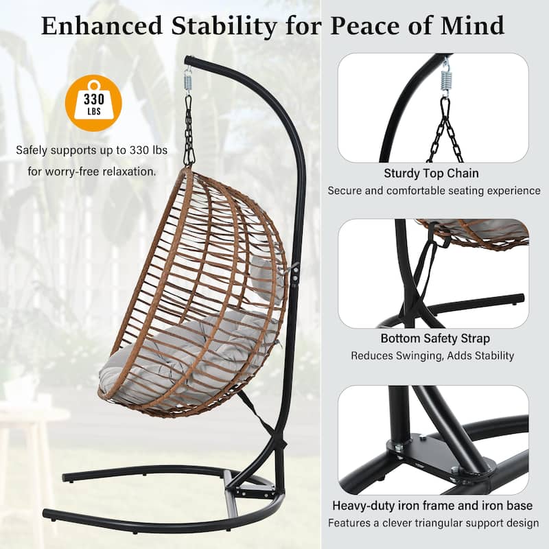 Single Person Folding Egg Chair with Stand, Hanging Egg Chair, Wicker Hammock Swing Chair with Adjustable Anti-Slip Feet