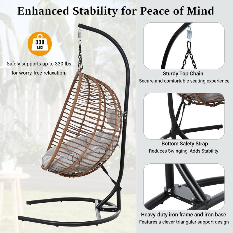 Single Person Folding Wicker Hammock Swing Chair with Adjustable Anti-Slip Feet