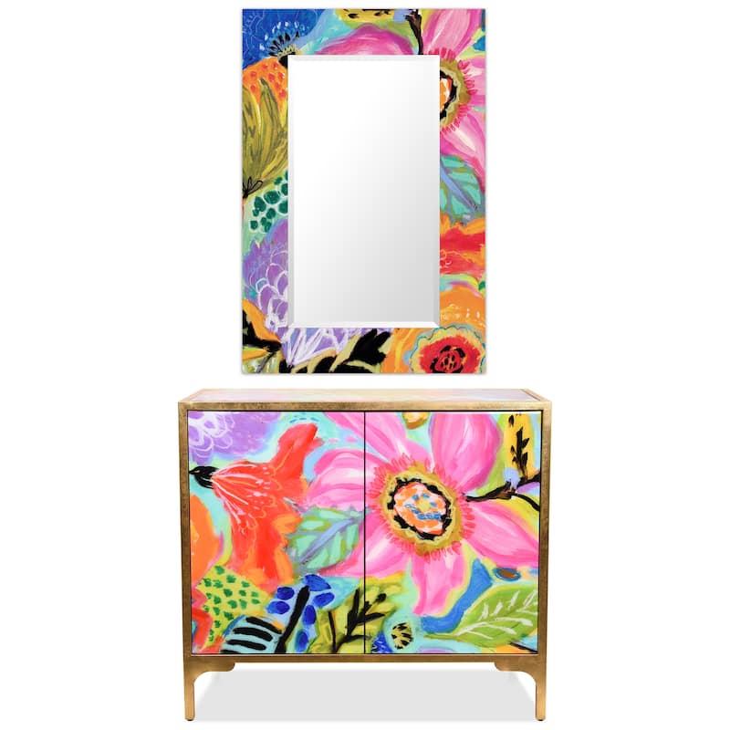 "Secret Garden Floral" Reverse Printed Beveled Art Glass Cabinet Console Table and Mirror Set - Pink