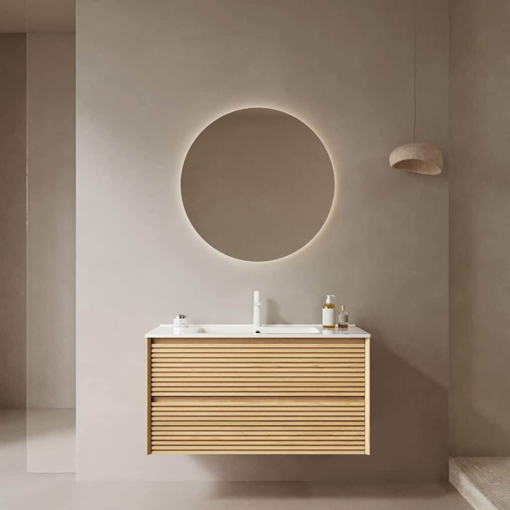 35" Bathroom Vanity with Glossy White Ceramic Sink, Corolla Oak Grain Cabinet, Soft-Close Undermount Drawers