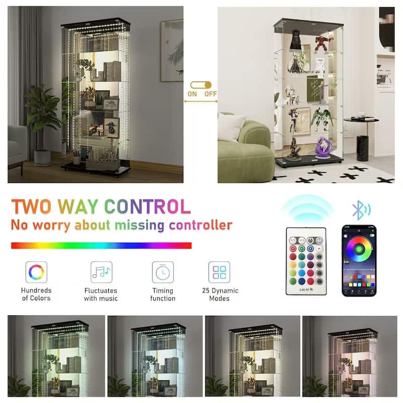 76" Tall Tempered Glass Display Cabinet with Mirror Back, Bluetooth LED Light Strip, Lockable Doors and Casters