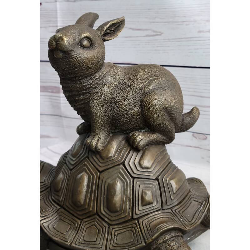 Tortoise And The Hare Aesop Fable Bronze Sculpture Figurine Statue Collectible Decor Signed Original Art