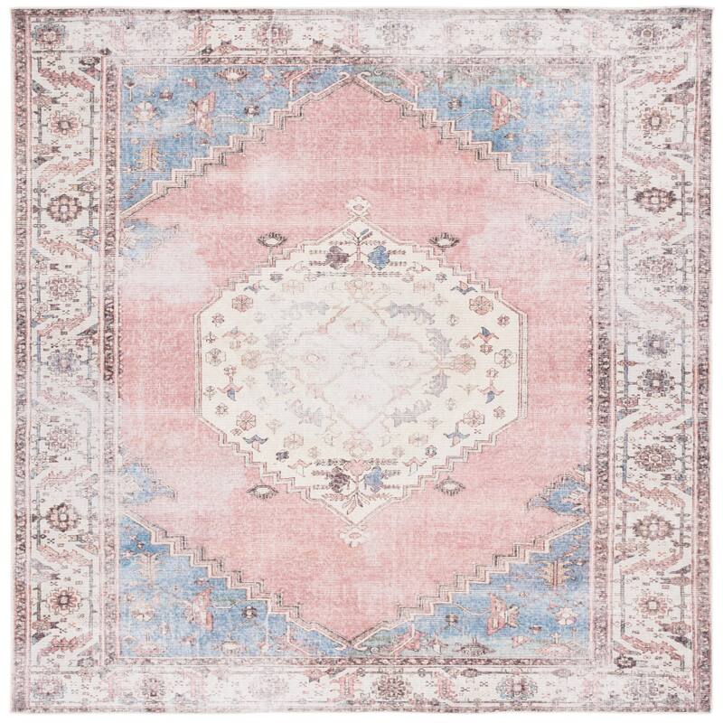 SAFAVIEH Serapi Machine Washable Zilpha Shabby Chic Distressed Rug - 6'7" Square - Ivory/Pink