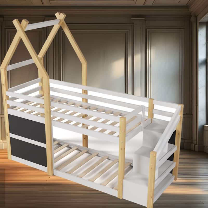Twin Over Twin House Bunk Bed with Storage Staircase, Two Blackboards, and Pinewood Frame for Kids' Rooms