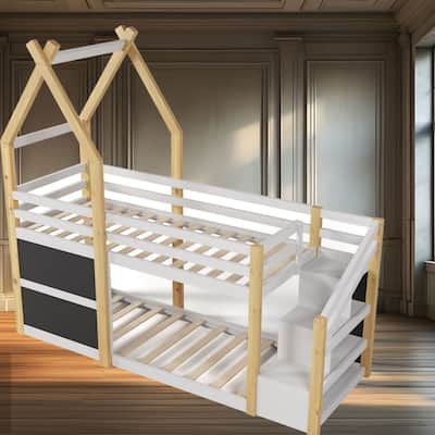 Twin Over Twin House Bunk Bed with Storage Staircase, Two Blackboards, and Pinewood Frame for Kids' Rooms