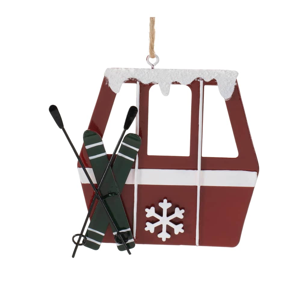 Set of 12 Red and White Metal Gondola Ornaments with Ski Poles for Rustic Christmas Tree Decor - 3.75”L x 0.25”W x 4”H