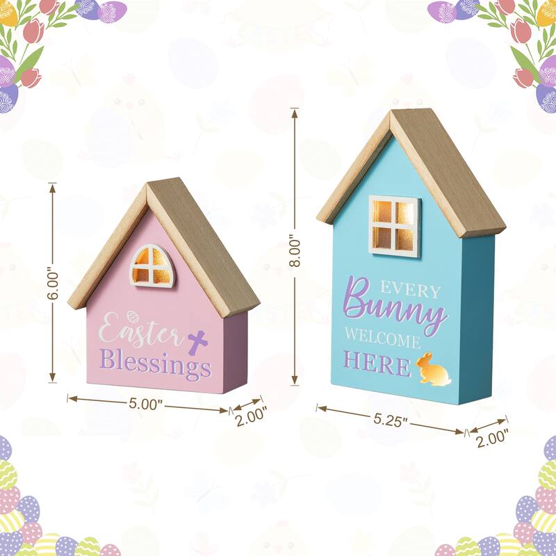 Glitzhome 6"/8"H Set of 2 Lighted Easter Wooden House-shaped Table Decor
