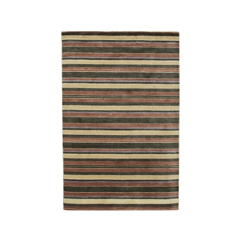 Multicolored Handmade Wool Transitional Rug 5' x 8' - Striped Pattern Plush Pile Red Green Blue Beige - N/A