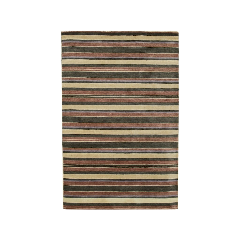 Multicolored Handmade Wool Transitional Rug 5' x 8' - Striped Pattern Plush Pile Red Green Blue Beige - N/A
