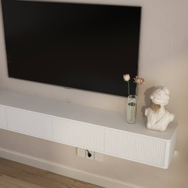 Wall Mounted Entertainment Shelf for Living Room, High Gloss Floating TV Stand with LED Lights & Power Outlet