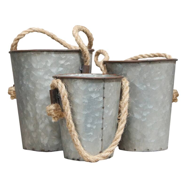 Galvanized Gray Metal Buckets with Rope Handles Set of Three