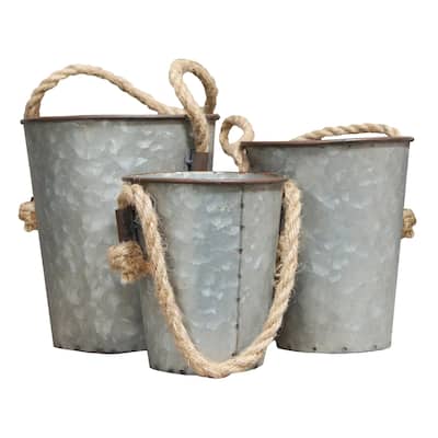 Galvanized Gray Metal Buckets with Rope Handles Set of Three