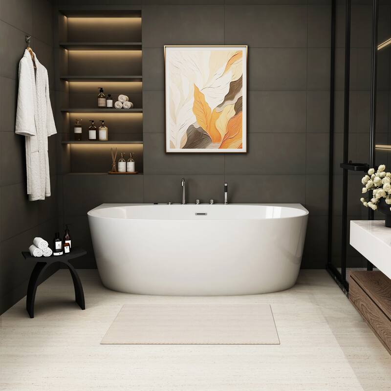 67 in. Freestanding Acrylic Whirlpool Bathtub with 6 Jets, Chromatherapy LED Lighting, 4-Hole Faucet Kit, Center Drain