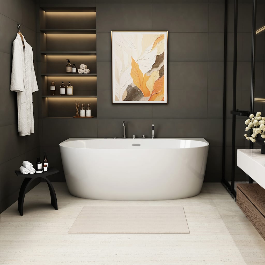 67 in. Freestanding Acrylic Whirlpool Bathtub with 6 Jets, Chromatherapy LED Lighting, 4-Hole Faucet Kit, Center Drain