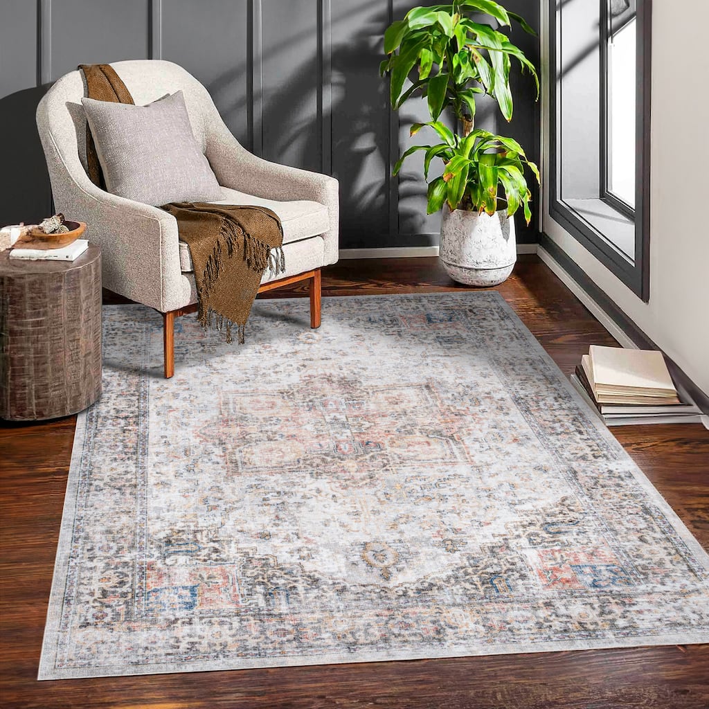 Machine Washable Collection Grey/Blue/Rust Medallion Area Rug