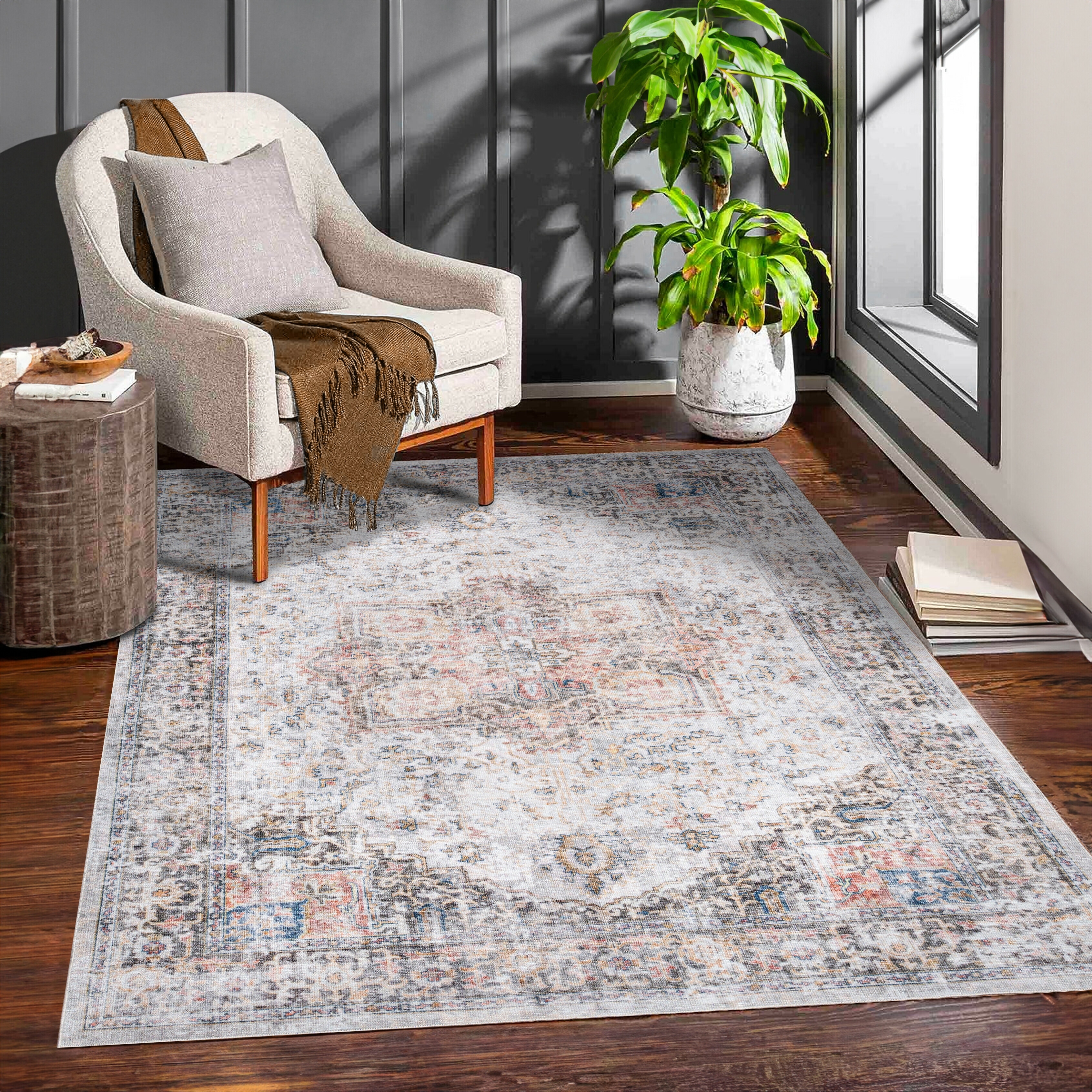 MDA Rugs Machine Washable Collection Grey/Blue/Rust Medallion Area Rug