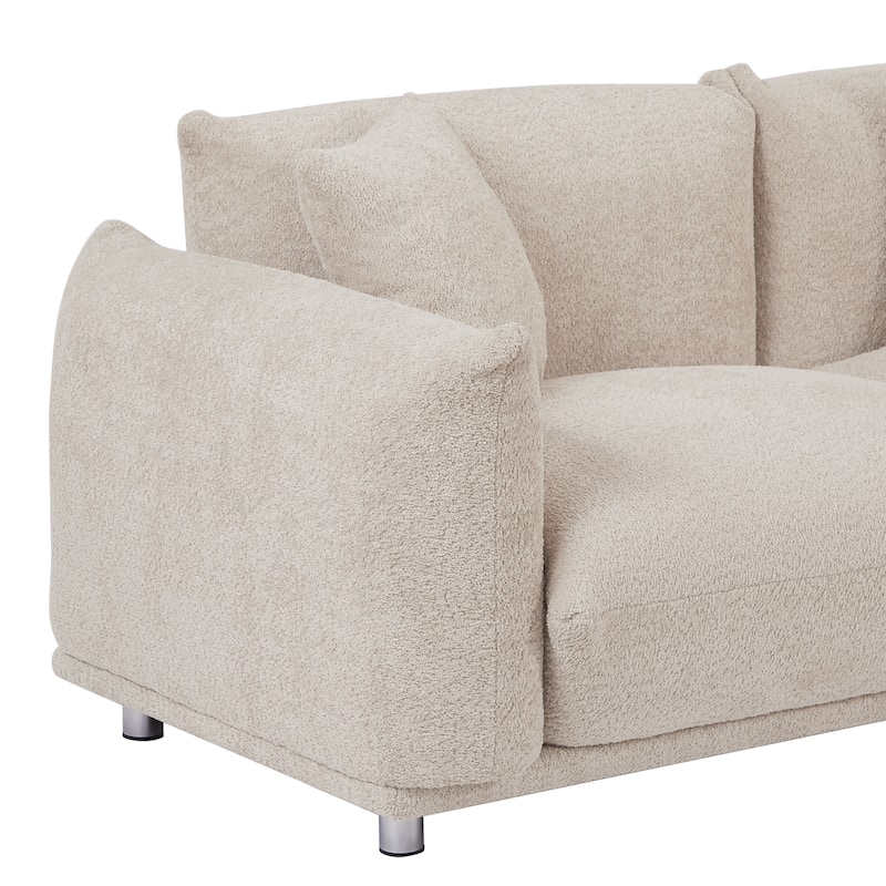 Originality Shapes White Lambswool Sherpa 4 Seater Sofa With Metal Legs, Solid Wood Frame Couch with 3 Pillows, Linear and Modul