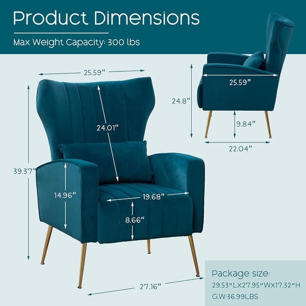 dimension image slide 0 of 5, HOMYKA Accent Chair Upholstered Velvet Wingback Armchair Set of 2