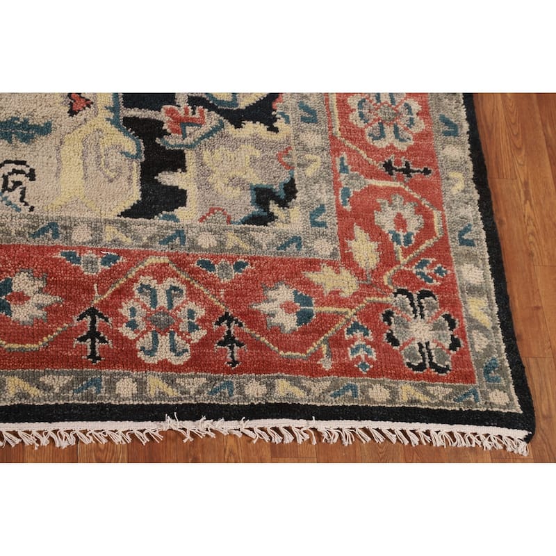 Black Geometric Heriz Serapi Indian Area Rug Hand-Knotted Wool Carpet - 7'11" x 9'9"