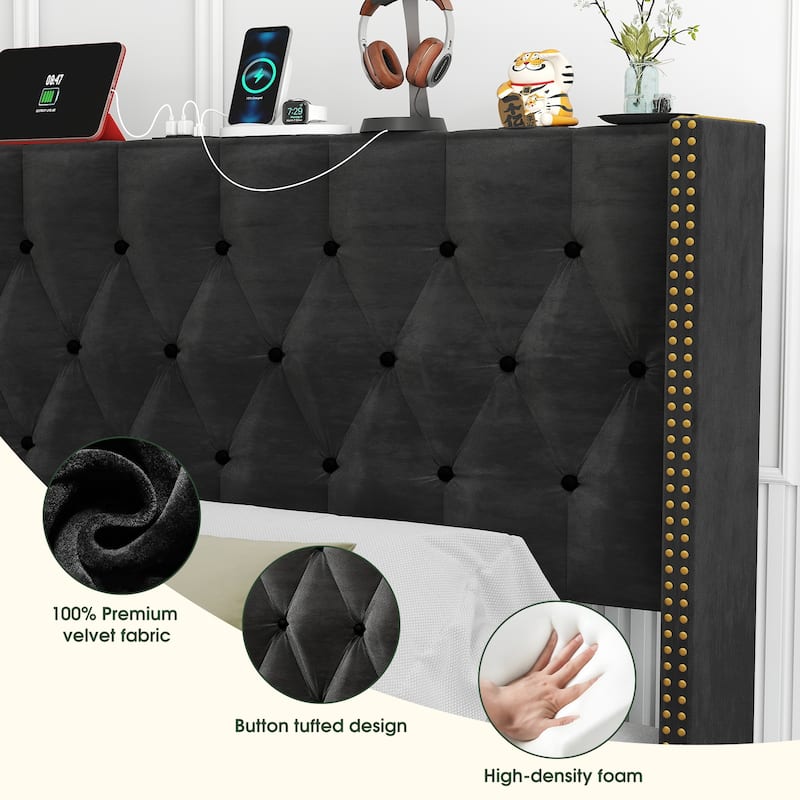 Full Size Bed Frame with 2 Storage Drawers and Wingback Headboard, Velvet Upholstered Platform Bed Frame with Charging Station