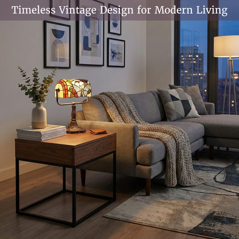 Tiffany Style Bankers Lamp-Vintage Stained Glass Butterfly LED Desk Light by Lavish Home