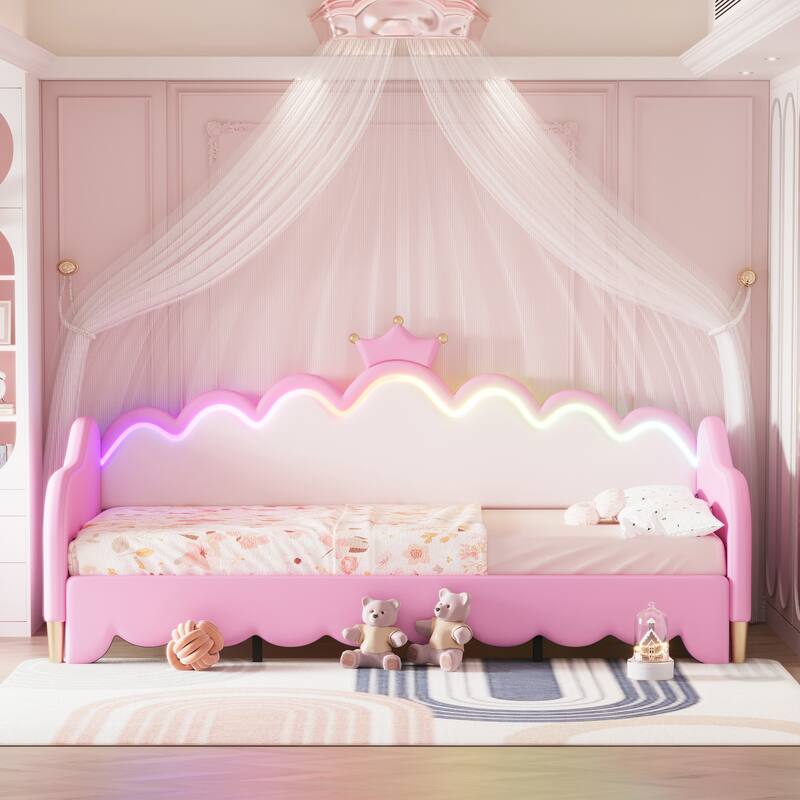 Pink Twin Princess Upholstered Daybed with LED & Crown Headboard