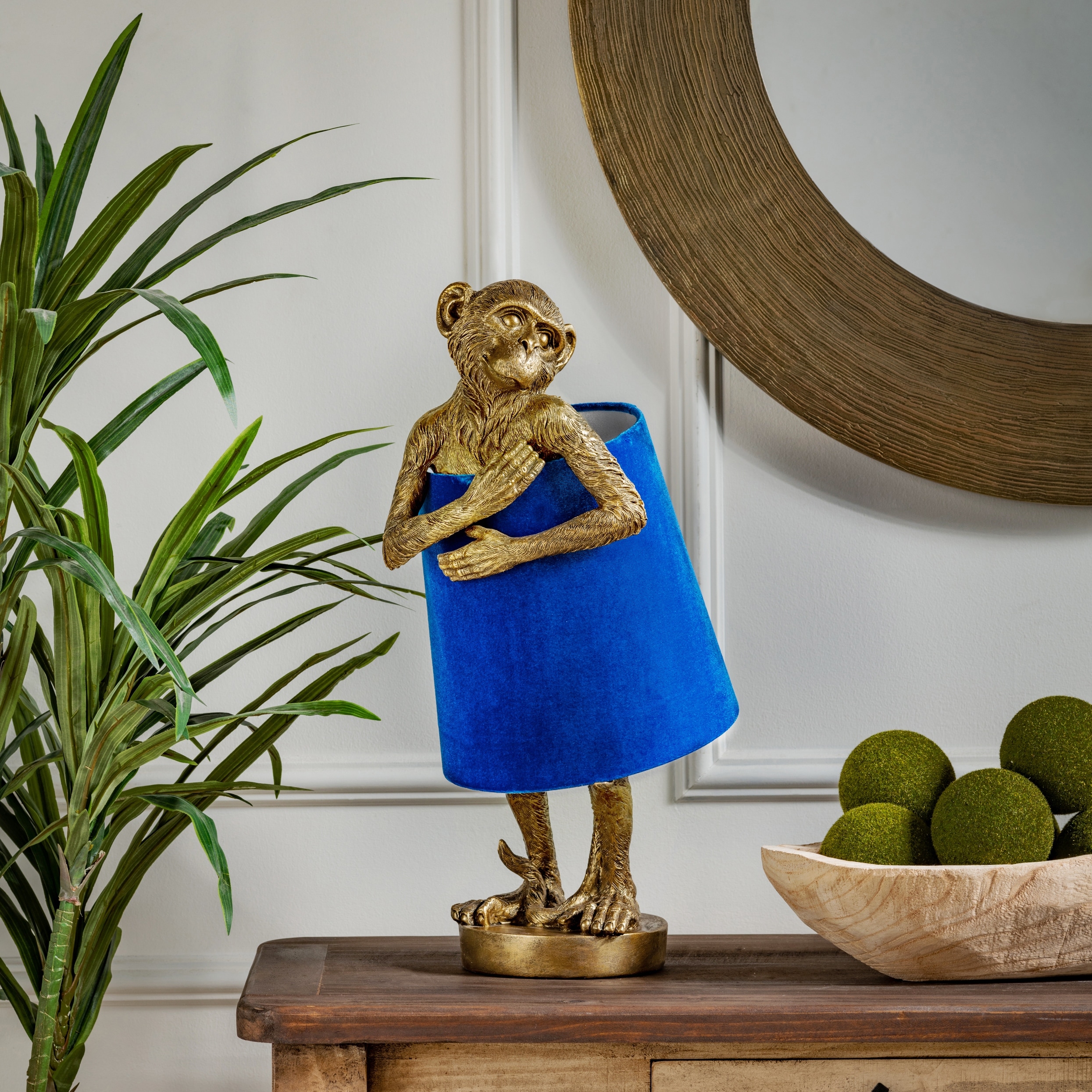 ジャイアントベイト 約40cm ゴールド・ブルー Chester Gold Monkey Table Lamp w/Blue Velvet Shade - 9 x 9 x 21.5