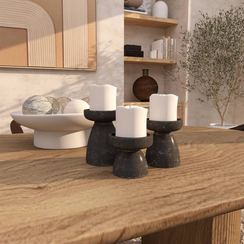 Black Wood Short Wide Distressed Decorative Candle Holder (Set of 3)