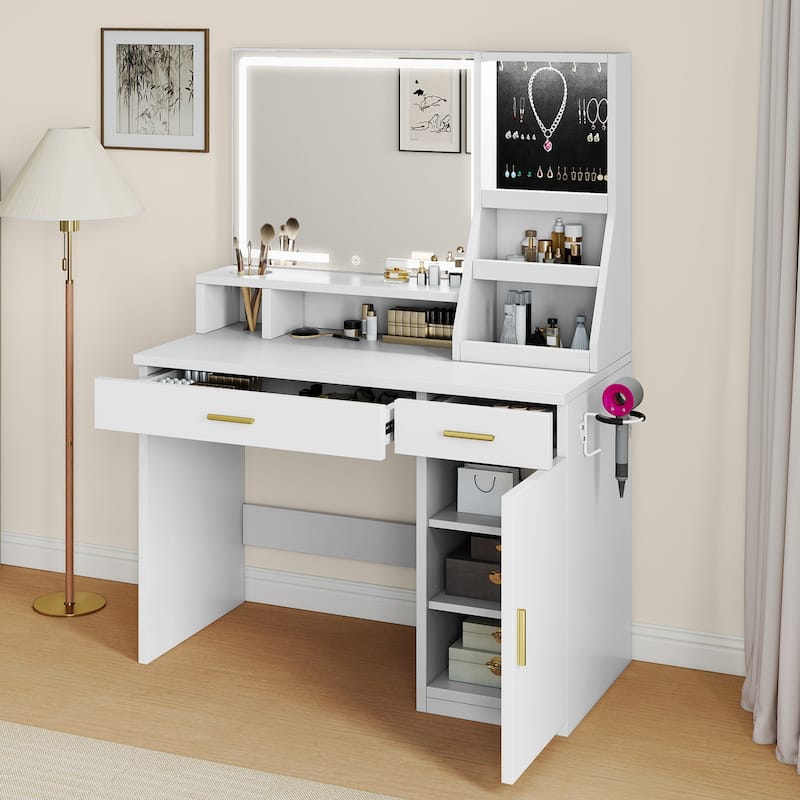 Moasis Makeup Vanity Desk with Mirror and Lights, Dressing Table with 2 Storage Drawers & Hairdryer Holder