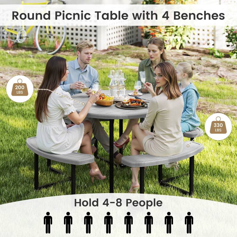Costway Round Picnic Table Bench Set with 4 Benches Umbrella Hole All - See Details
