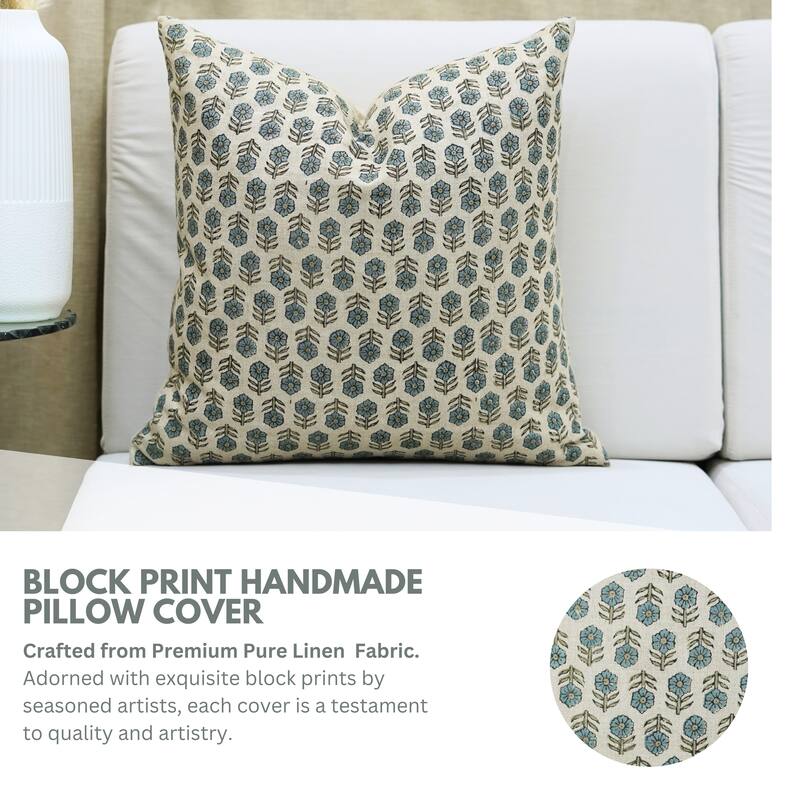 Fabdivine Blue Home Accent Pillow Cover with Floral Block Print for Farmhouse Fall or Dining Décor Linen 16x16 Inch, Tulsi Buti