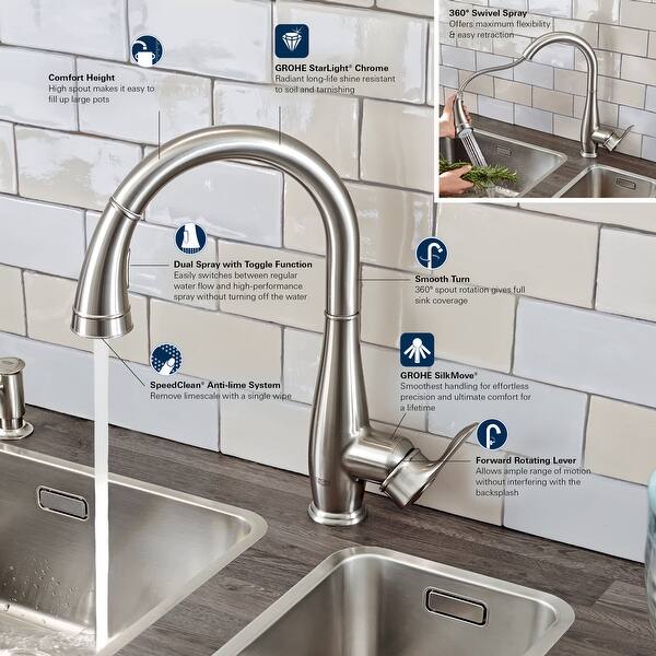 Shop Grohe 30 213 Parkfield Pull Down High Arc Kitchen Faucet With 2 Function Locking Sprayer Overstock 17031779 Starlight Chrome