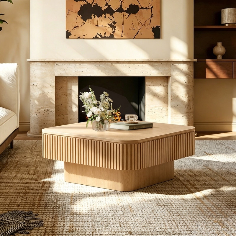 Modern 31.5" Square Coffee Table with Storage Solid Wood Veneered Accent Table for Living Room or Bedroom
