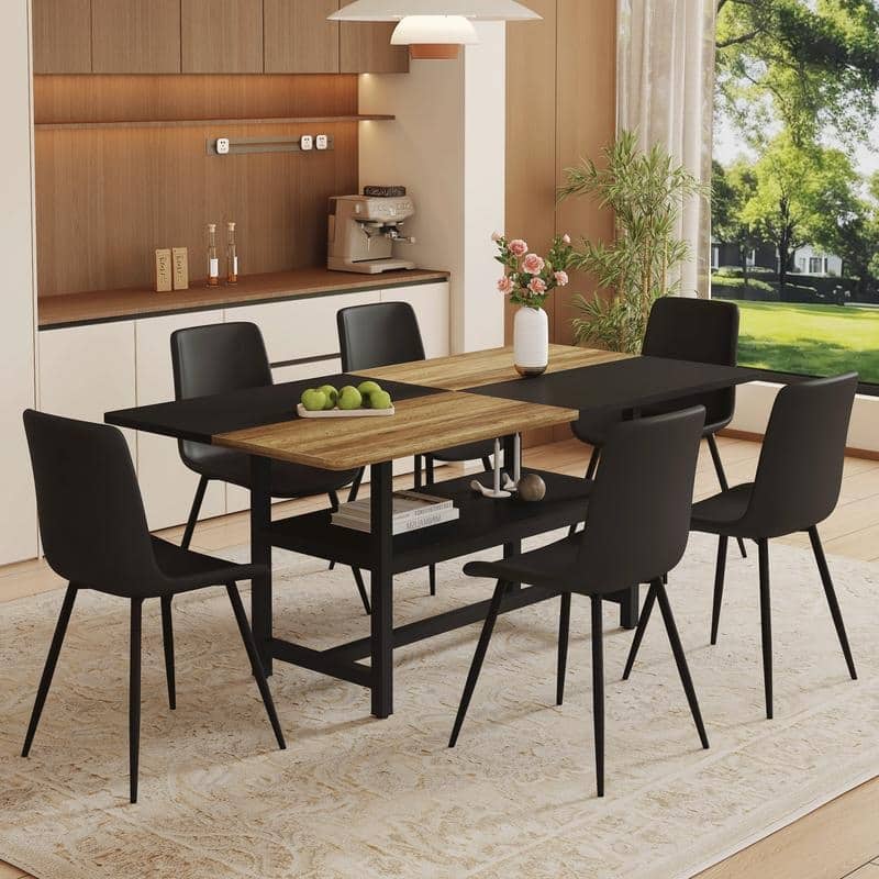 Modern 7-Piece Wood & Black Dining Table Set with Storage and 6 PU Leather Chairs - Black, Wood