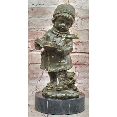 Winter Child Reading Book – Bronze Figurine With Teddy Bear