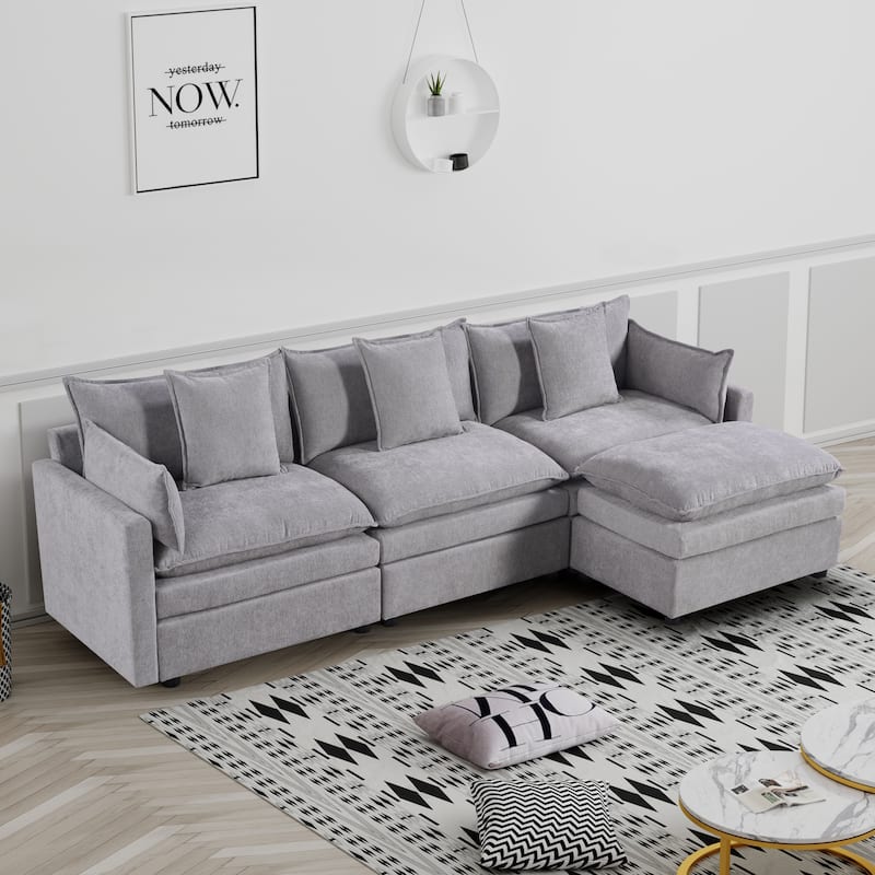 Grey 108.66" L-Shaped 4-Seater Sectional Sofa with Convertible Chaise and Ottoman, Spacious Cloud Couch Design - Light Gray