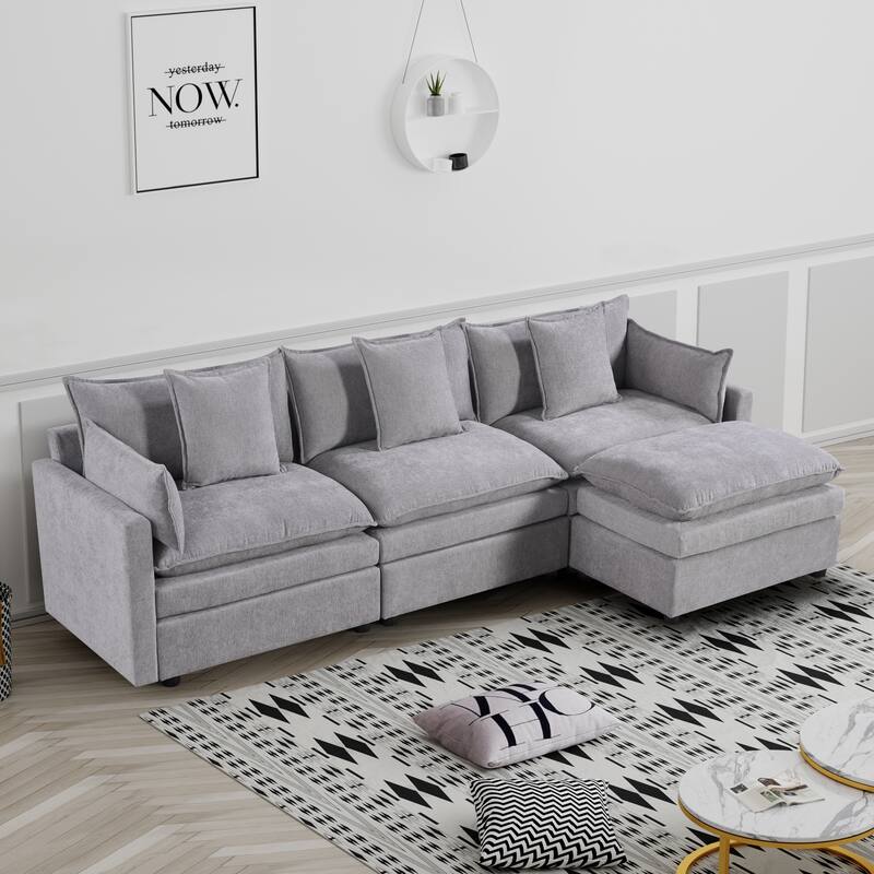 Grey 108.66" L-Shaped 4 Seater Sectional Sofa with Convertible Chaise and Ottoman, Spacious Cloud Couch - Light Gray