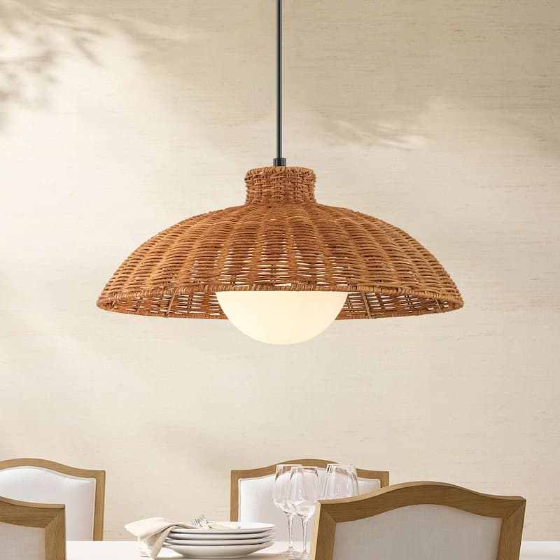 1-Light 15.7" W Farmhouse Brown Woven Rattan Dome Pendant lights for Dining Room, Living Room, Bedroom