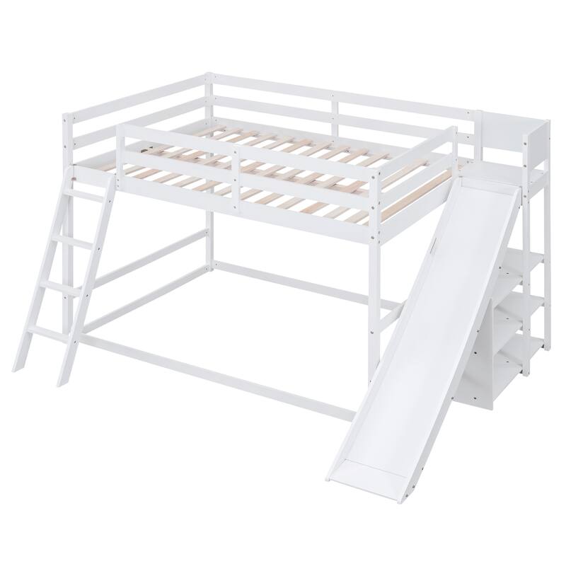 Full over Full Bunk Bed with Ladder, Slide, and Shelves in White