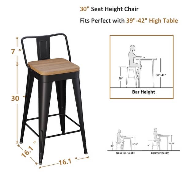 dimension image slide 5 of 6, Bar Stools With Back set of 4 Industrial Metal Barstools with Wooden Seats