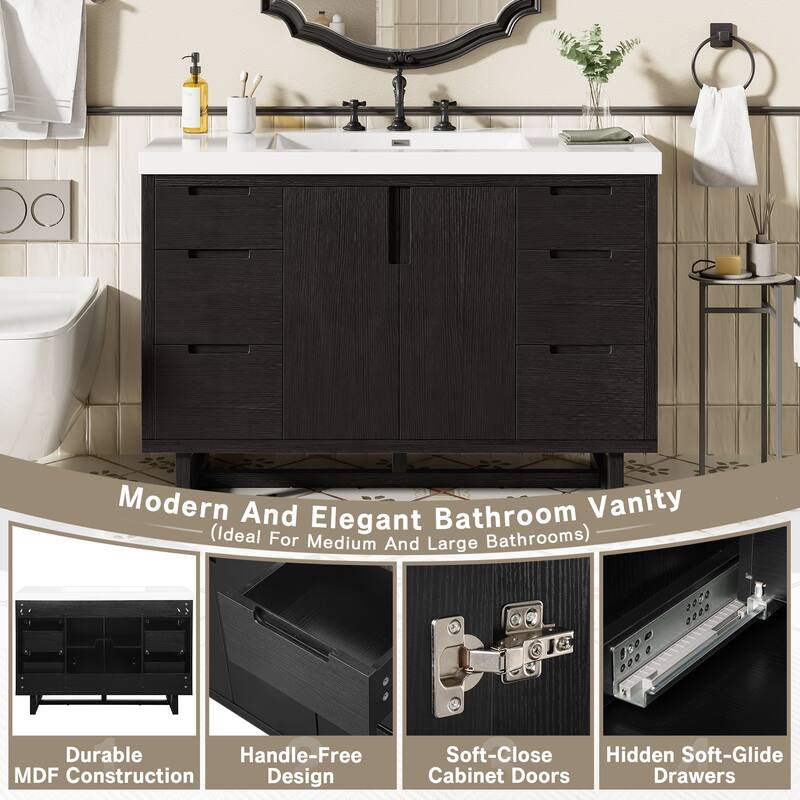 47.2" Space-Saving Bathroom Vanity with Resin Sink, 2 Doors & 6 Drawers, Soft-Close Hardware