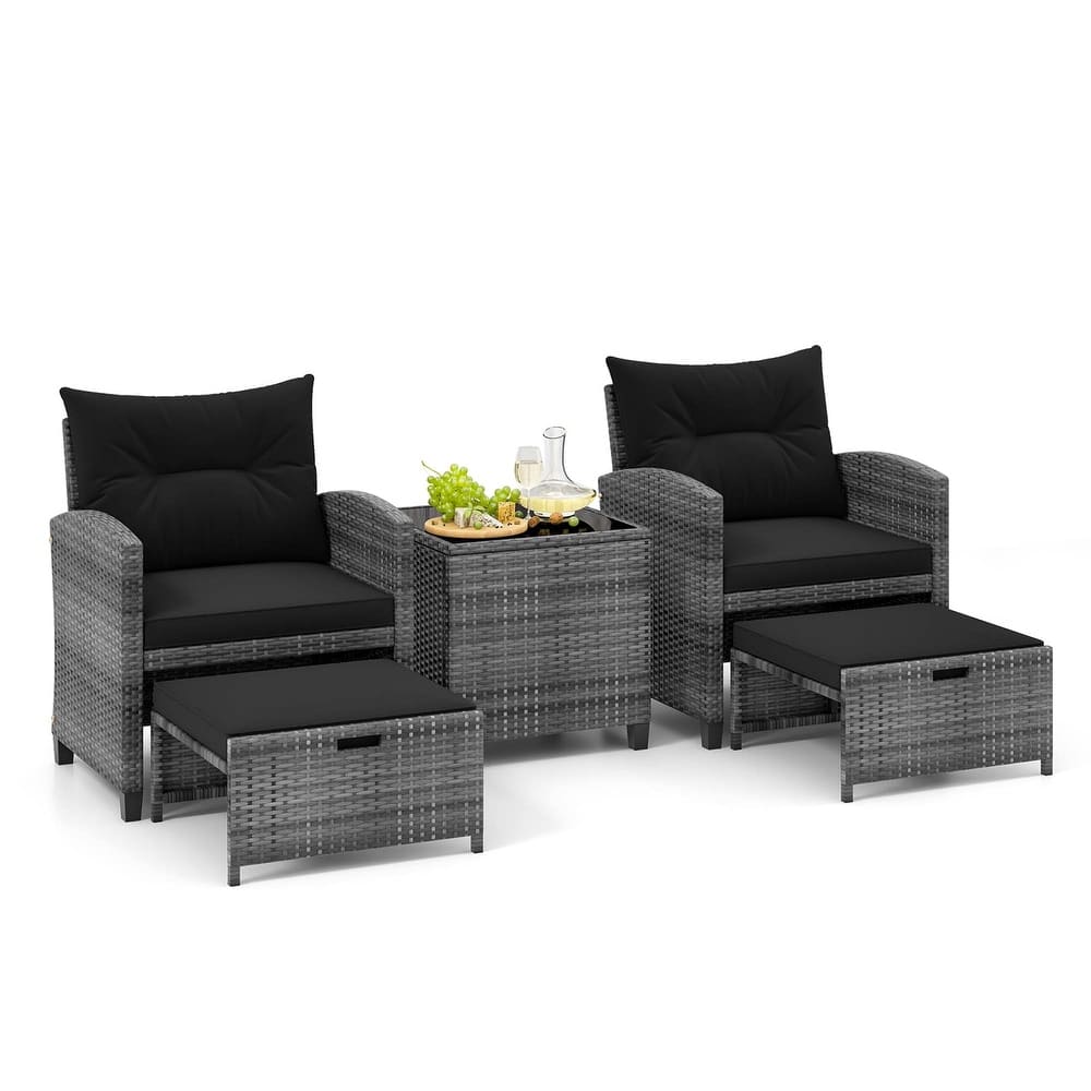 Gymax 5 PCS Rattan Furniture w/ 2 Ottomans & Tempered Glass Coffee