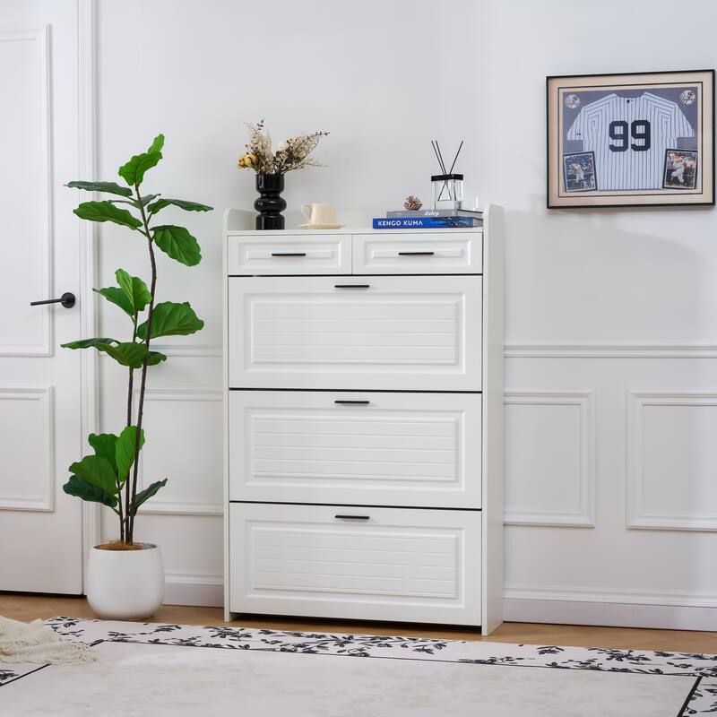 Shoe Cabinet with 3 Flip Drawers & 2 Drawers, Hidden Slim Shoe Rack Cabinet, Wood Entryway Narrow Shoe Storage Cabinet