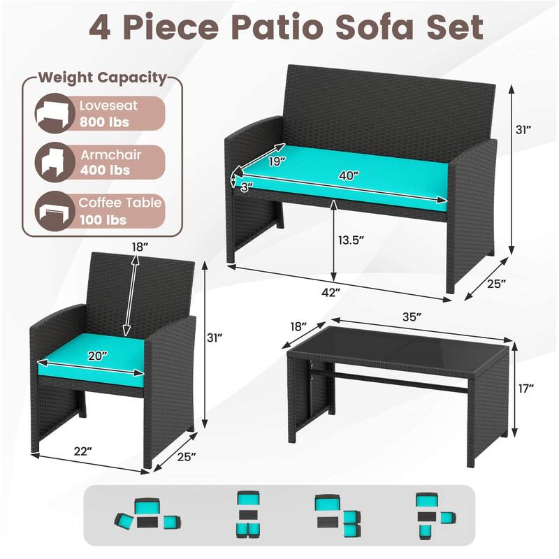 Costway 4 PCS Patio Conversation Set with Seat Cushions & Tempered - See Details