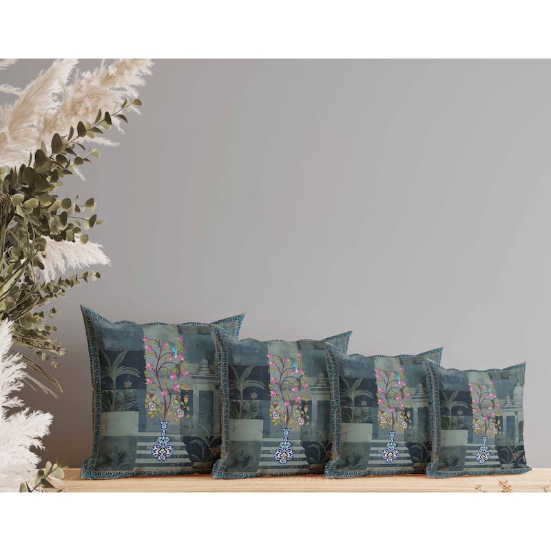 Shahi Garden Bloom Indoor/Outdoor Reversible Throw Pillow Blue and Green