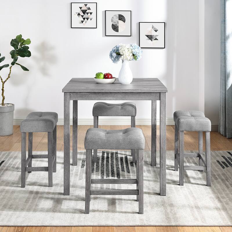 Roomfitters 5-Piece Dining Table Set with Upholstered Stools, Industrial Bar Table for Dining or Breakfast Nook